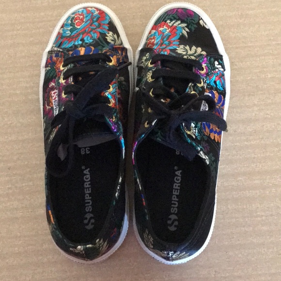 Superga Embroidered Satin Sneakers Black Size 7.5 - Picture 2 of 10
